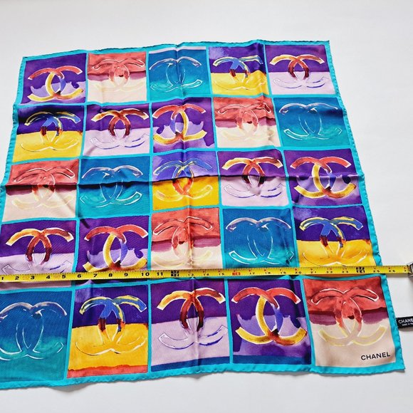 NEW Chanel CC Logo 100% Silk Multicolor Scarf 26" x 26" - Picture 6 of 11